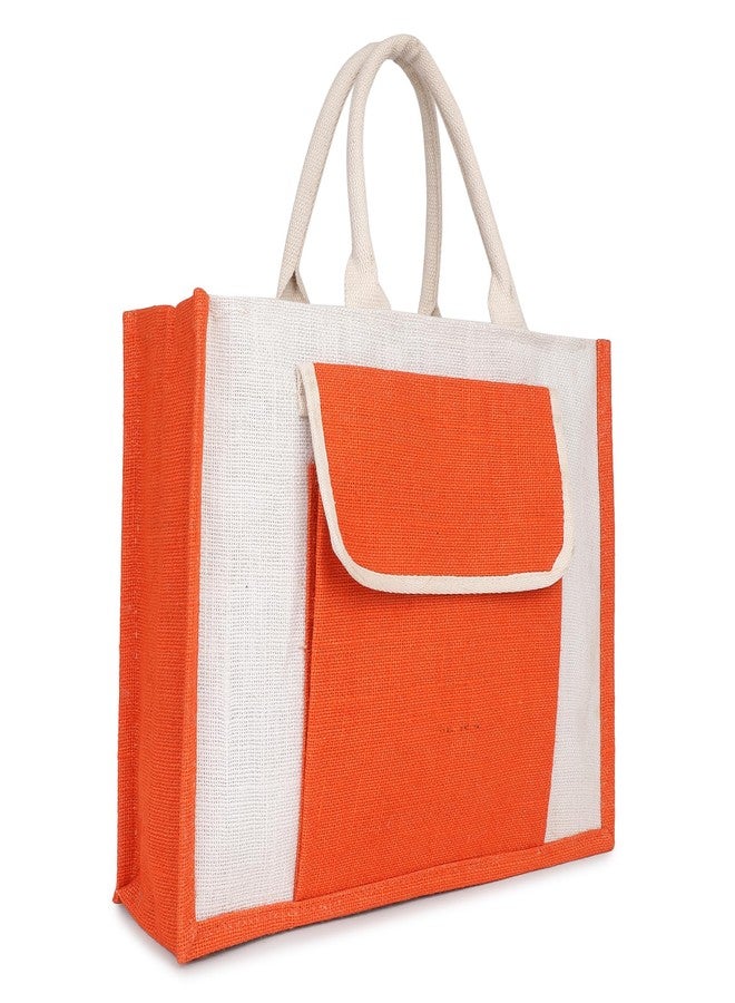 MISPACIO Jute Handbag with Large Outer Pocket | Orange & White Eco-Friendly Tote with Superior Lining, Zipper Closure & Strong Handles | Spacious Shopping Office Travel Bag | 12" x 16" x 5" | Pack of 2 - Image 1